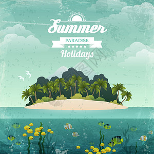 热带岛屿夏季天堂假日老式海报矢量插图图片