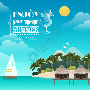 天堂岛热带岛屿享受您的夏季背景矢量插图插画