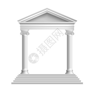 大理石底座现实的古董大理石庙宇正与离子柱隔离白色背景矢量插图插画