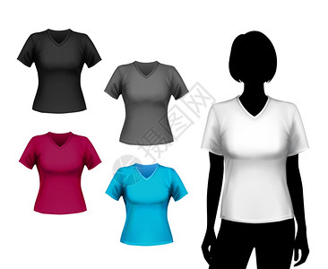 V领T恤彩色v领T恤女套装与女身体轮廓孤立矢量插图插画