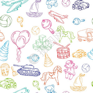 抽绳包老式儿童玩具素描彩色无缝图案与游艇泰迪熊复古卡车矢量插图插画