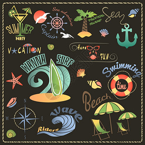 暑假复古度假旅行标签黑色背景矢量插图上图片