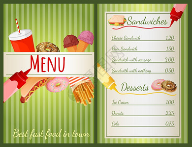 快餐店菜单与三明治甜点矢量插图背景图片