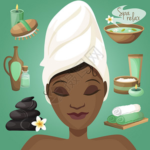 用毛巾按摩台水疗保健沙龙健康图标与美丽的黑人女脸矢量插图插画