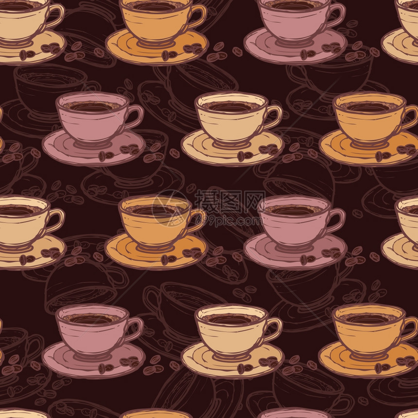 咖啡厅素描无缝图案与咖啡杯豆子矢量插图图片