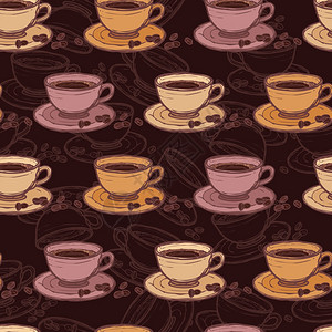 咖啡厅素描无缝图案与咖啡杯豆子矢量插图图片