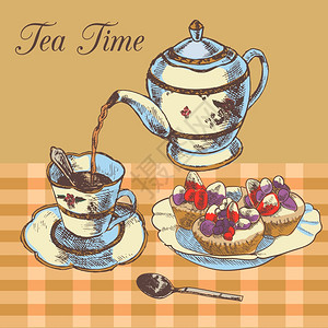 古老的英式茶时间餐厅乡村风格海报与传统茶壶纸杯蛋糕甜点矢量插图背景图片