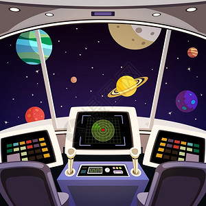 飞行宇宙飞船舱室未来派内部卡通与背景矢量插图高清图片