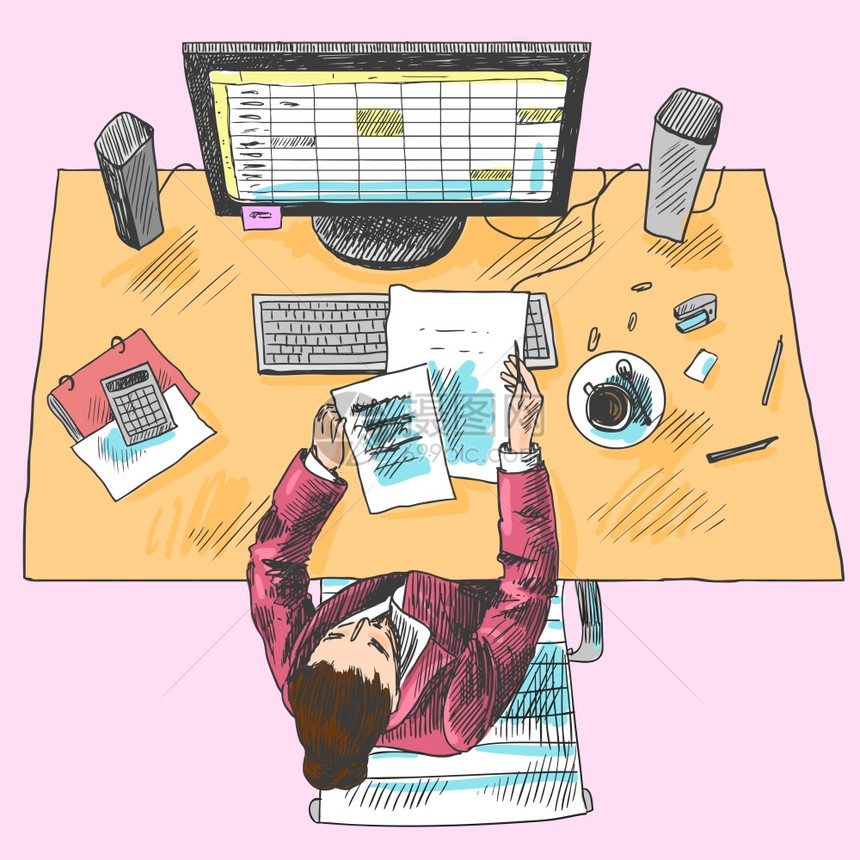 会计办公室员工工作场所工具与妇女坐桌子上彩色顶部视图草图矢量插图图片