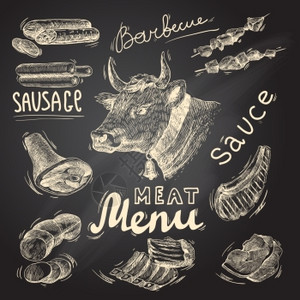 串串牛肉类食品装饰图标烧烤菜单黑板孤立矢量插图插画