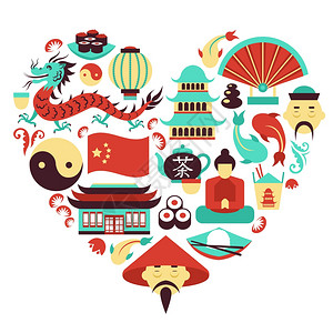 传统符号中国旅游亚洲传统文化符号心形矢量插图插画