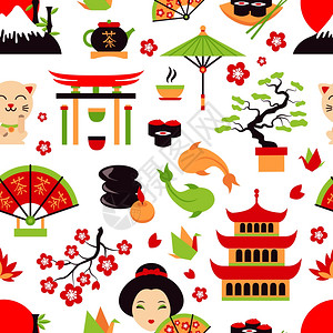 日本符号与传统的食品旅游图标无缝图案矢量插图图片