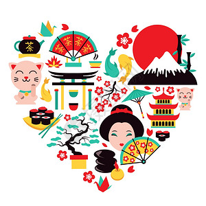 日本符号心脏形状与传统的食品旅游图标矢量插图图片