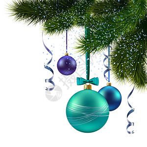 绿色装饰丝带诞松树树枝与装饰球背景问候明信片矢量插图插画