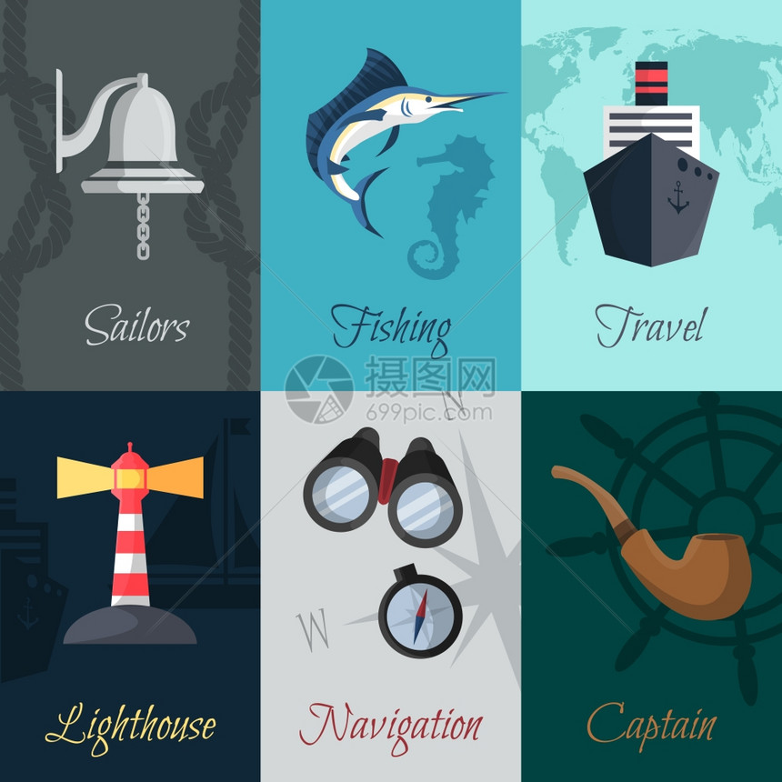 航海旅行迷你海报水手钓鱼旅行集孤立矢量插图图片