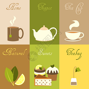 茶图茶迷你海报与家庭茶壶杯天然糖果茶袋隔离矢量插图插画