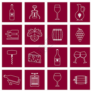葡萄酒元素葡萄酒酒精饮料轮廓图标集酒璃瓶隔离矢量插图插画