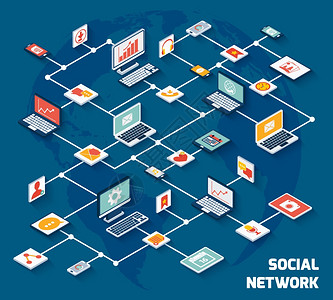 社交软件社交网络与笔记本电脑等距应用按钮矢量插图插画