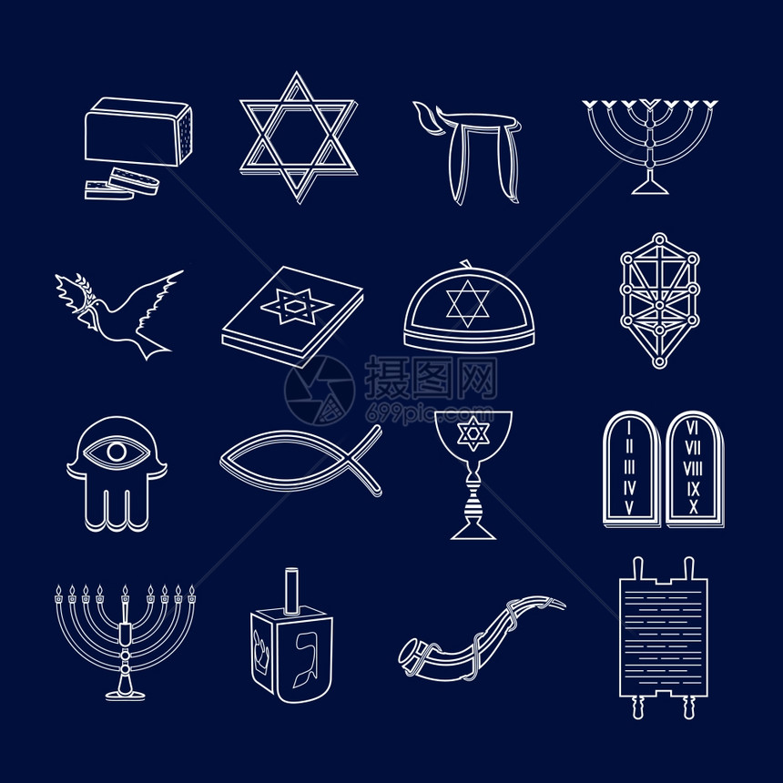 犹太教会传统宗教符号轮廓图标矢量插图图片
