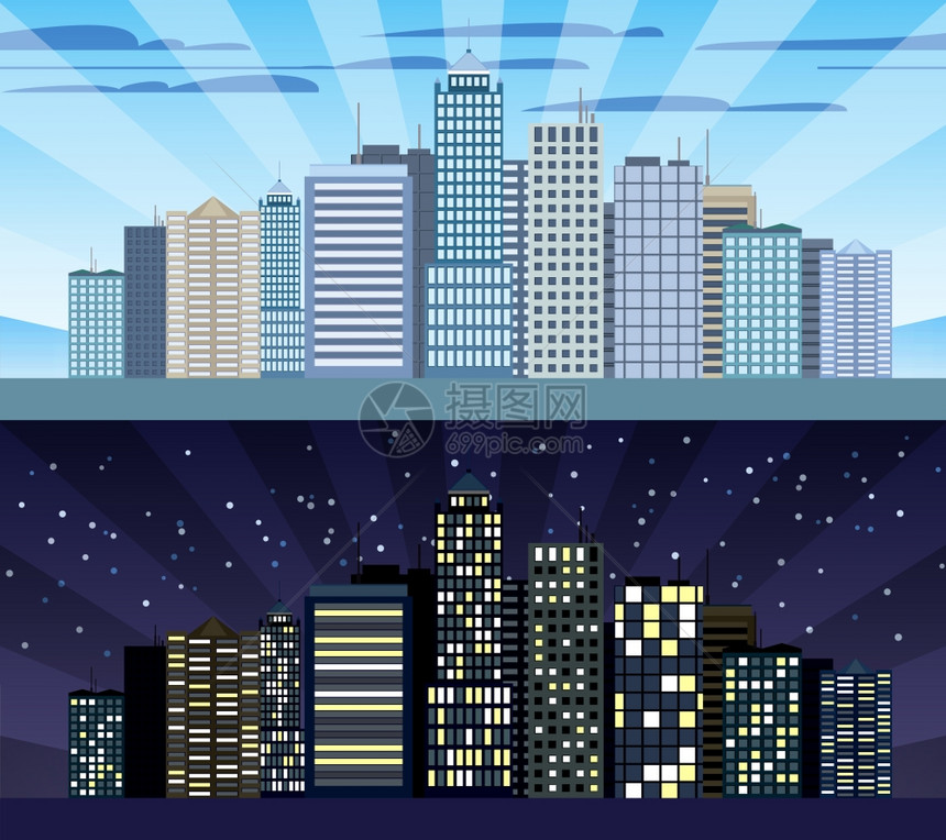 现代城市建筑城市景观天际线昼夜瓷砖边界矢量插图图片