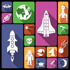 天文学平图标火箭航天员飞碟孤立矢量插图背景图片