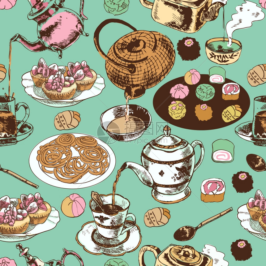 古典东方印度茶时间仪式陶瓷壶茶碟纸杯蛋糕包装纸无缝图案矢量插图图片