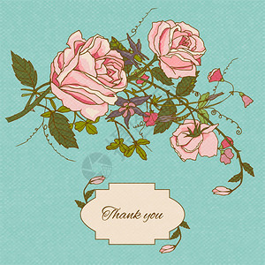 吉亚恰伊复古感谢您怀旧便条卡感谢信息与村舍花园玫瑰花草图颜色矢量插图插画