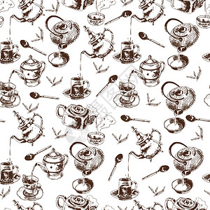 茶壶杯子传统茶道配件,老式无缝包装纸图案,涂鸦素描矢量插图背景图片