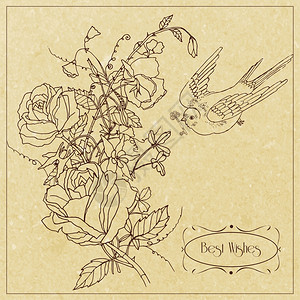 阿奎利吉亚最美好的祝愿,老式问候卡与玫瑰甜豆花鸟轮廓草图矢量插图插画