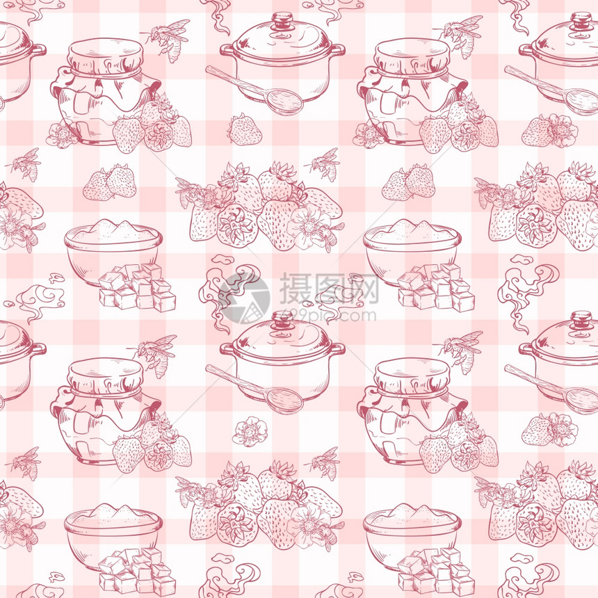 甜蜜健康的自制草莓果酱无缝图案的平方纺背景矢量插图图片