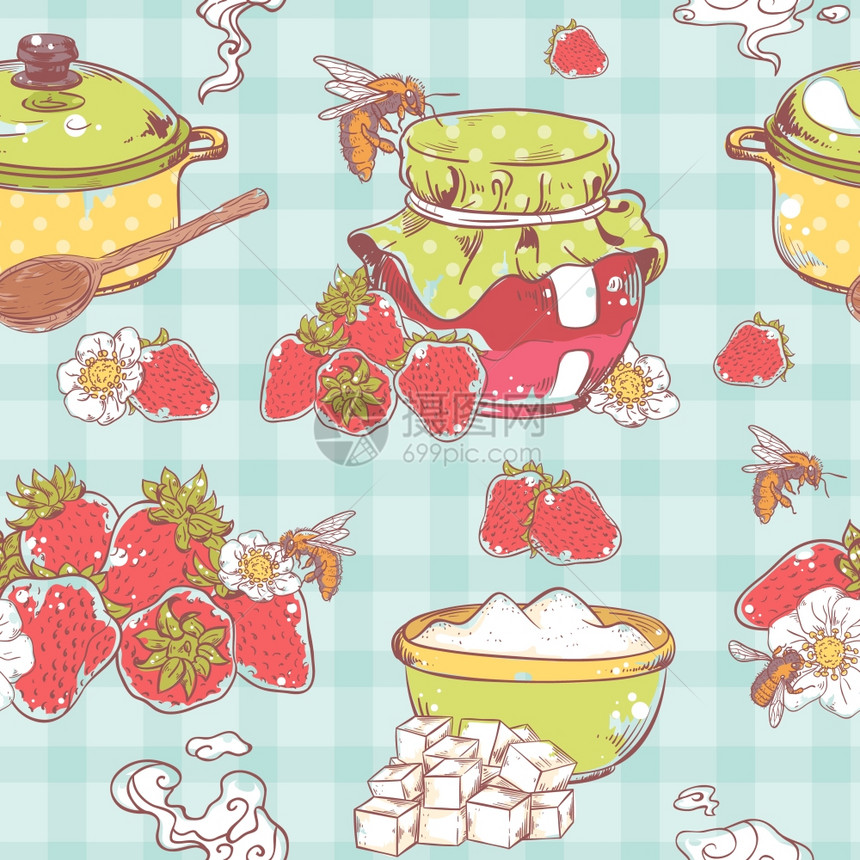 甜美健康的自制草莓果酱无缝图案复古彩色纺背景矢量插图图片