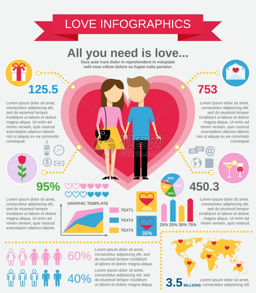 爱情婚姻夫妇信息图集与图表世界矢量插图图片