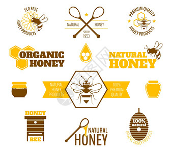 蜜蜂天然机产品彩色标签集分离矢量插图高清图片