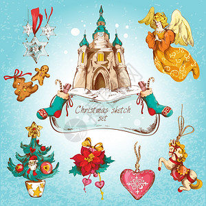 圣天使城堡诞新素描装饰图标彩色孤立矢量插图插画