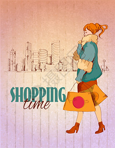 购物城市海报与轻女城市背景素描矢量插图图片