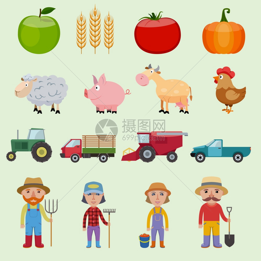 农场农业图标与食品,农民,动物机器矢量插图图片
