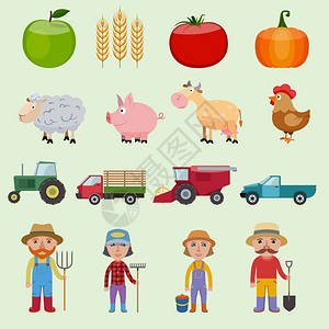 农场农业图标与食品,农民,动物机器矢量插图背景图片