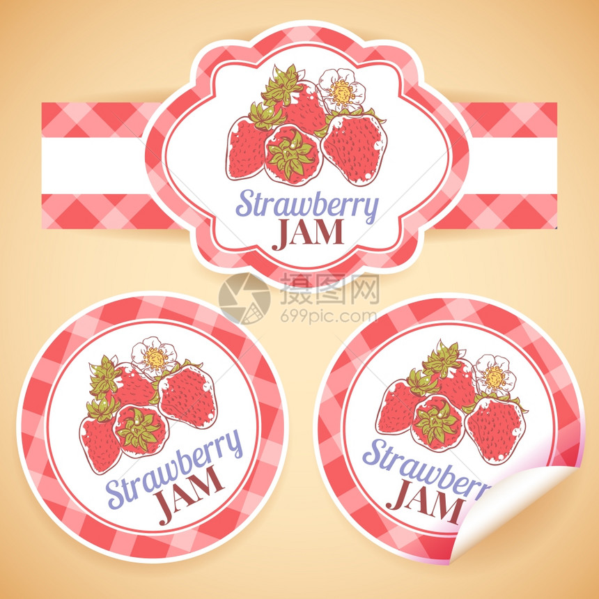 甜蜜健康的自制草莓酱纸标签集分离矢量插图图片