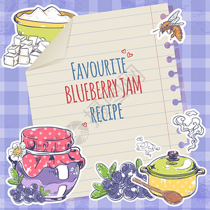 甜自制蓝莓果酱果酱食谱内衬纸海报矢量插图图片
