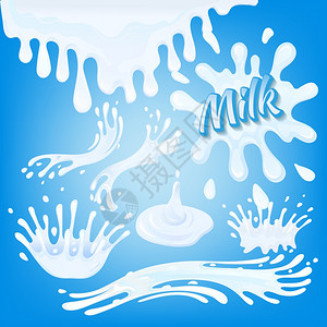 白色奶油冰饮牛奶滴流飞溅装饰元素蓝色背景矢量插图上插画