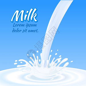 牛奶滴流溅蓝色背景矢量插图上图片
