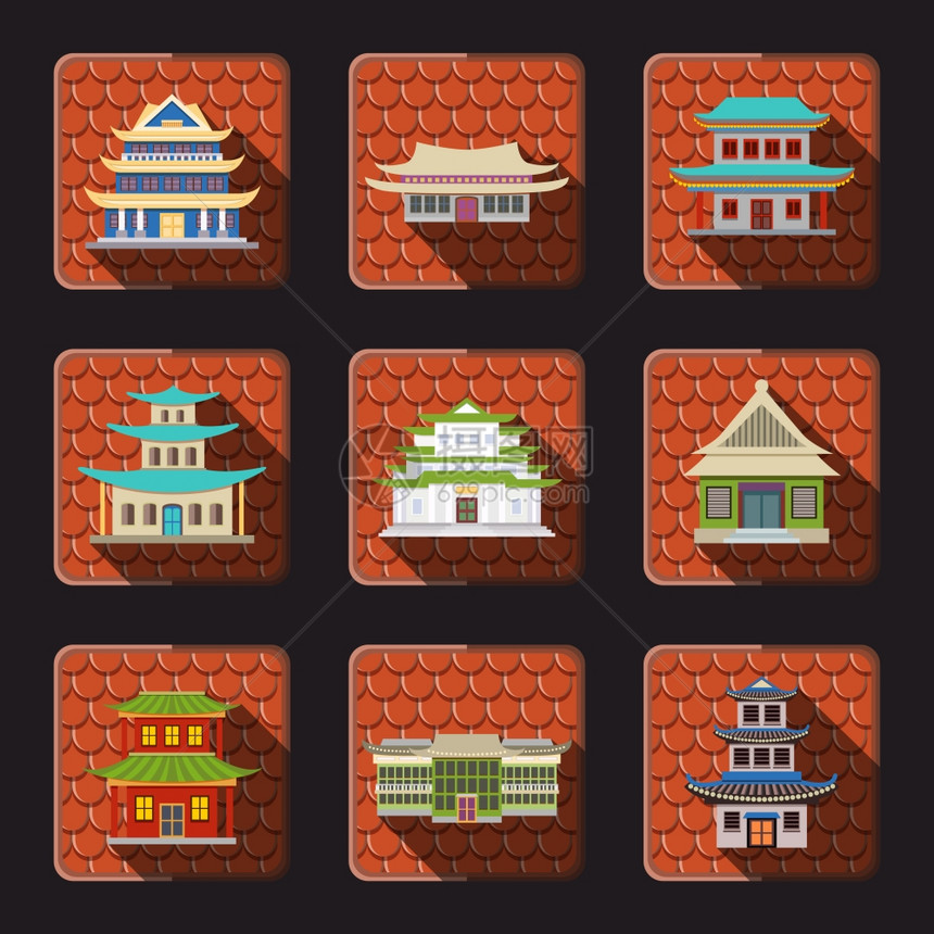 中国房屋传统木制东方建筑图标瓷砖背景孤立矢量插图图片