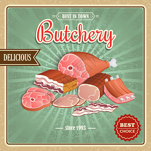 新鲜猪肉宣传单肉最好选择美味的复古肉纸海报矢量插图插画
