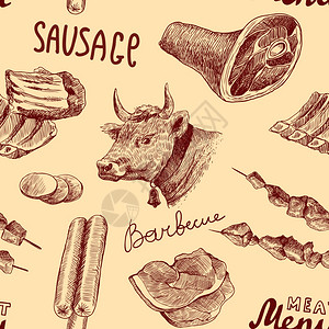 熟牛肉片肉类食品装饰无缝图案与烧烤香肠萨拉米矢量插图插画