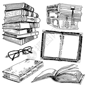 书籍眼镜库收集黑色素描装饰图标矢量插图图片