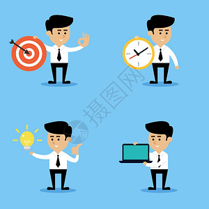 商人与目标时钟灯泡计算机情感手势姿势的商业矢量插图图片