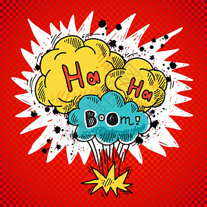 漫画演讲泡泡彩色素描海报与爆炸元素矢量插图背景图片