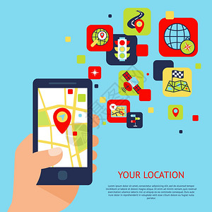 路线导航手与手机与GPS旅行平图标导航矢量插图插画