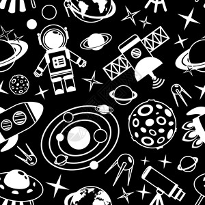 卫星装饰天文学黑白无缝图案与装饰元素矢量插图插画