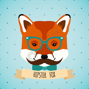 动物狐狸戴眼镜,弓胡子,嬉皮士人物肖像矢量插图图片